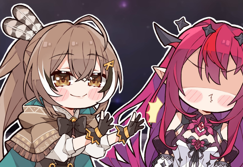 2girls, ahoge, black_bow, black_bowtie, black_gloves, blush_stickers, bow, bowtie