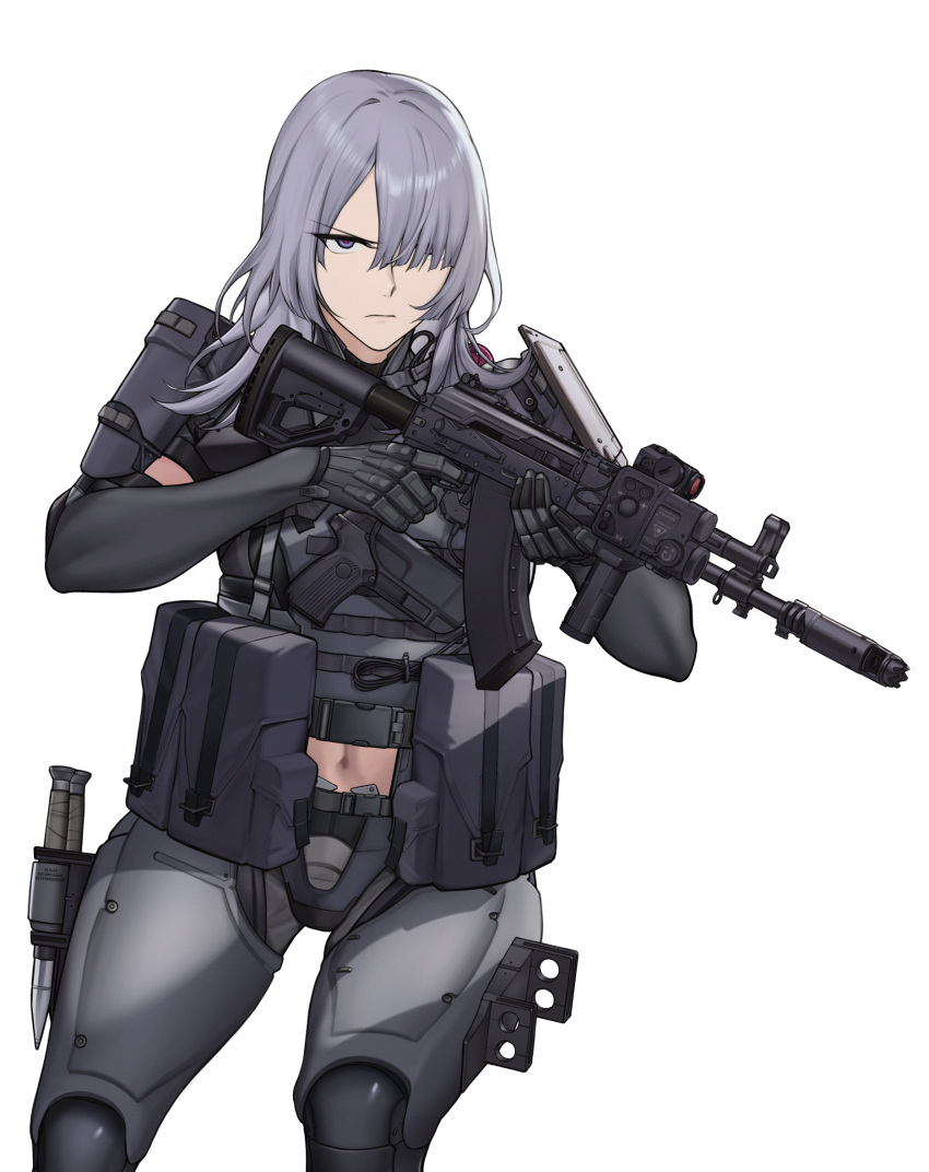 1girl, ak-15, ak-15_(girls'_frontline), ak-15_(mod3)_(girls'_frontline), ammunition_pouch, assault_rifle, belt_pouch, body_armor, girls_frontline, grey_hair, gun, hair_over_one_eye, handgun, highres, holding, holding_gun, holding_weapon, holstered, kalashnikov_rifle, knife_sheath, la13, pouch, rifle, sheath, tactical_clothes, weapon, white_background