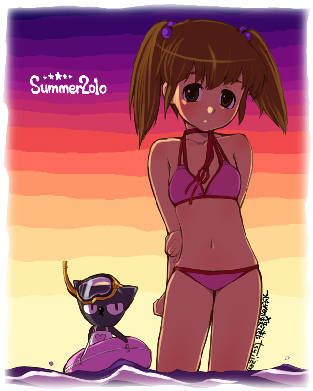 brown_eyes, brown_hair, cat, diving_mask, innertube, long_hair, original, solo, sunset, swimsuit, tsujizen, twintails