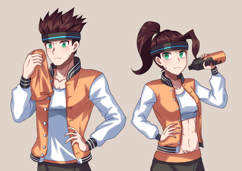 1boy, 1girl, absurdres, bottle, demon_avenger, green_eyes, highres, jacket