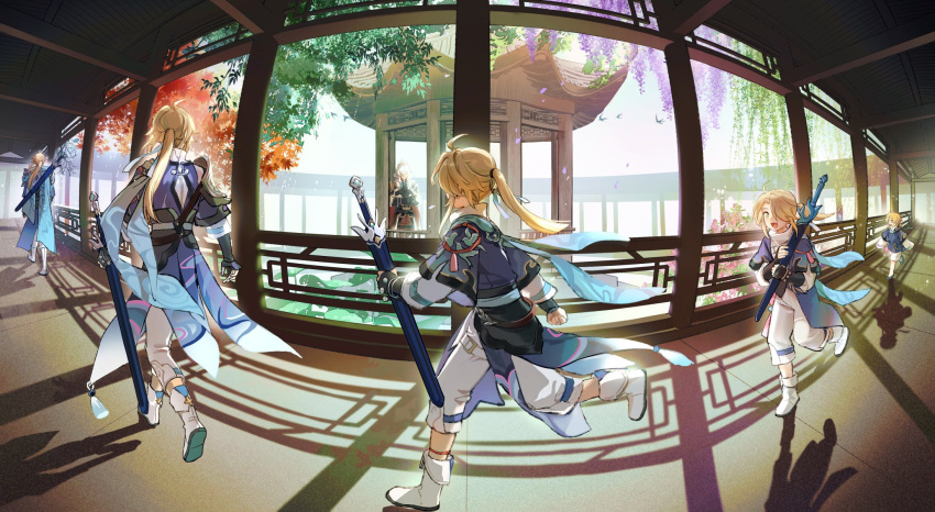 2boys, aged_down, aged_up, ahoge, autumn, blonde_hair, boots, closed_eyes
