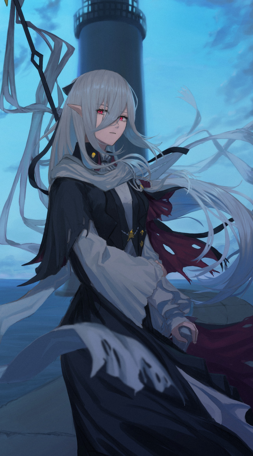 1girl, absurdres, arknights, black_jacket, black_skirt, blue_sky, clouds, commentary_request