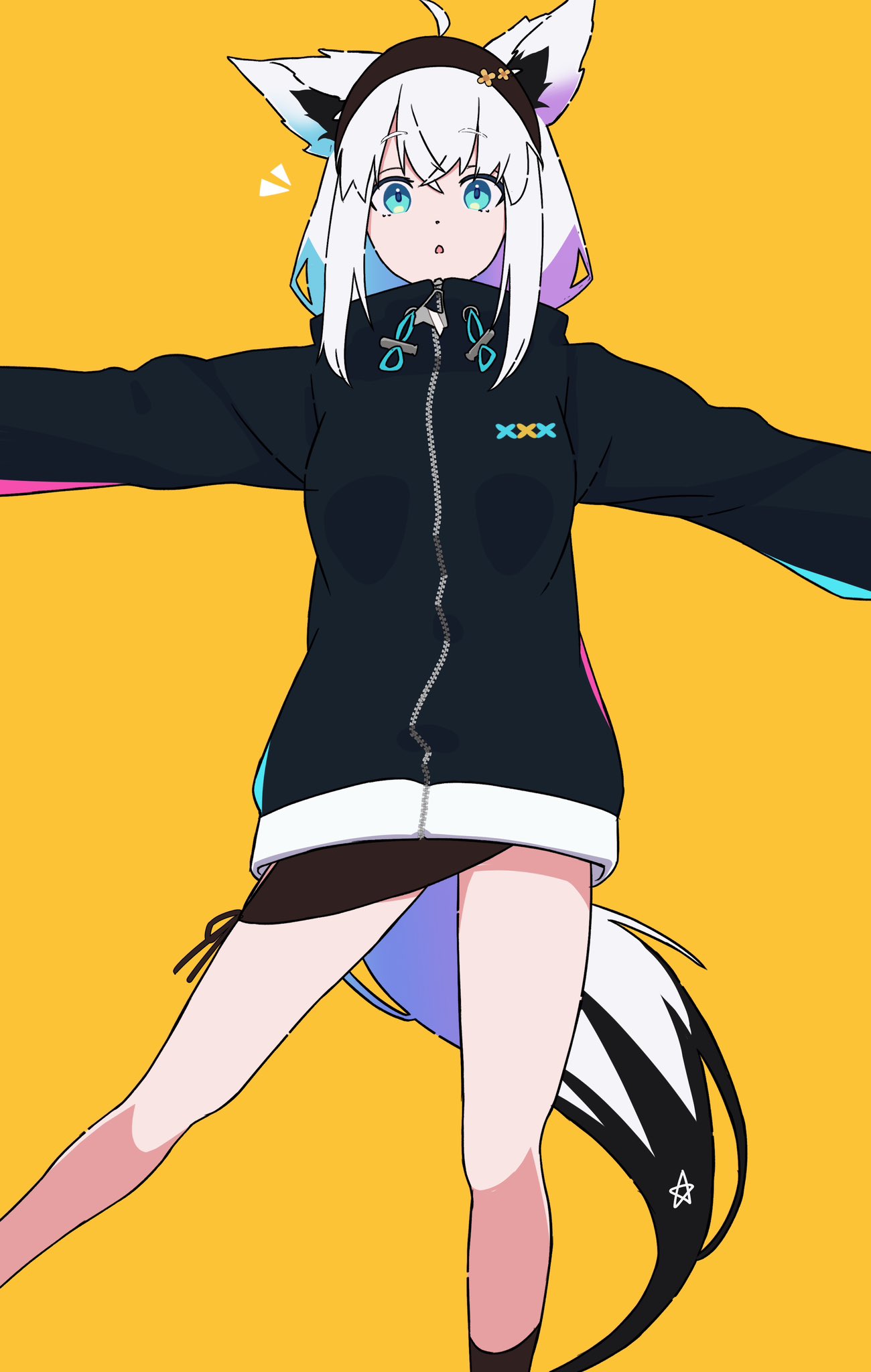 1girl, ahoge, animal_ears, aqua_eyes, black_hairband, black_hoodie, black_shirt, commentary, fox_ears, fox_girl, fox_tail, hairband, highres, hololive, hood, hoodie, long_sleeves, looking_at_viewer, outstretched_arms, parted_lips, pentagram, shirakami_fubuki, shirakami_fubuki_(7th_costume), shirt, solo, spread_arms, symbol-only_commentary, tail, virtual_youtuber, white_hair, yamasyro, yellow_background