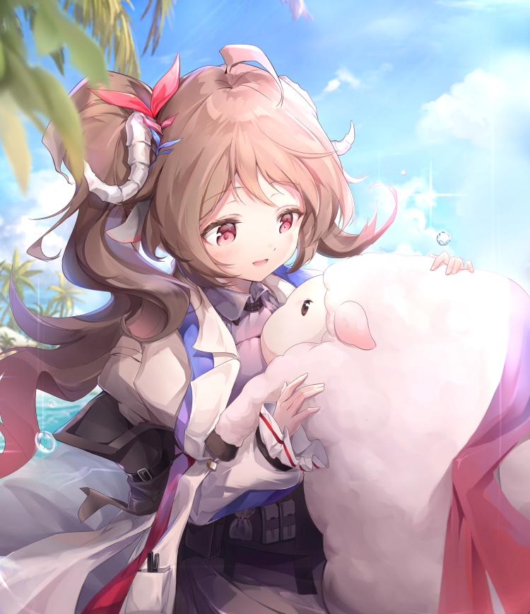 1girl, :d, animal, animal_ears, arknights, beach, black_skirt, blue_sky