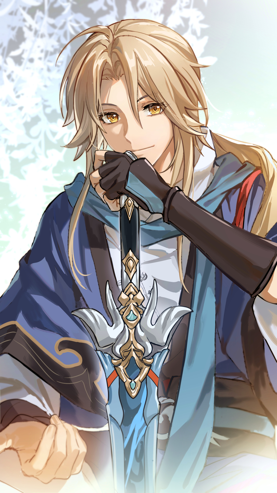 1boy, aged_up, ahoge, arm_guards, blonde_hair, chinese_clothes, curtained_hair, cyotsy, hair_between_eyes, highres, holding, holding_sword, holding_weapon, honkai:_star_rail, honkai_(series), long_hair, looking_at_viewer, male_focus, open_hand, ponytail, portrait, smile, solo, sword, upper_body, weapon, yanqing_(honkai:_star_rail), yellow_eyes