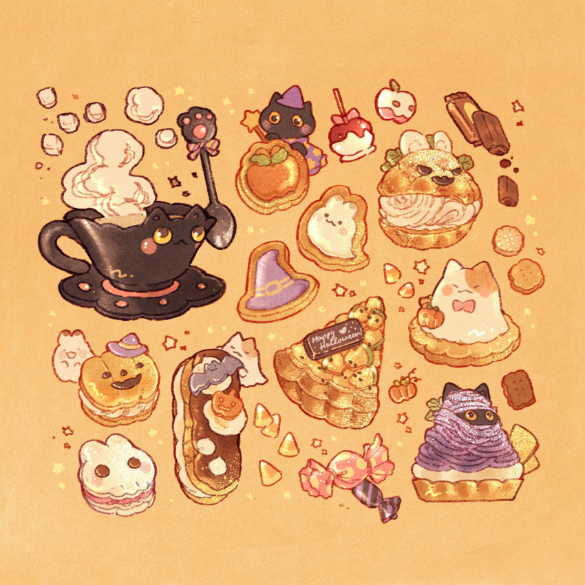 animal-themed_food, animal_cup, animal_focus, black_cat, blush_stickers, bow, candy, candy_apple