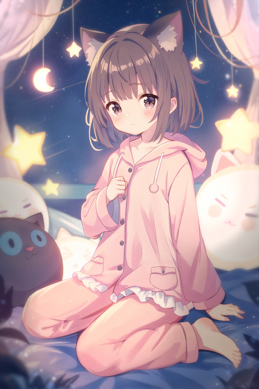 1girl, absurdres, ai-assisted, animal_ears, arm_support, blush, brown_eyes, brown_hair