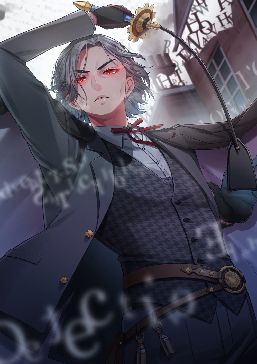1boy, arm_up, belt, black_coat, black_gloves, black_jacket, black_pants, black_vest