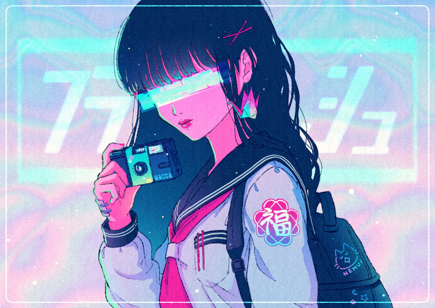 1girl, backpack, bag, black_bag, black_hair, black_sailor_collar, blunt_bangs, border