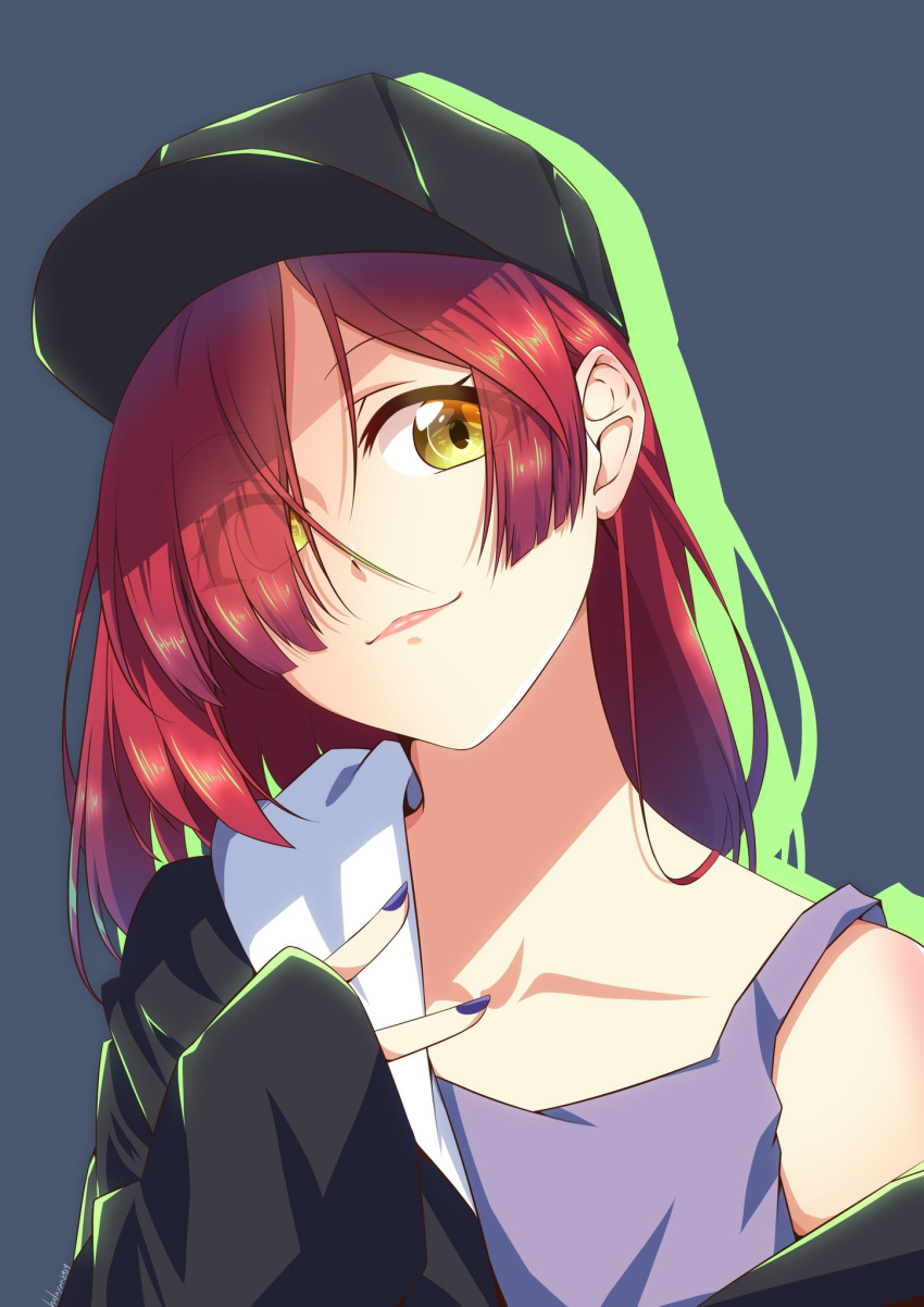 1girl, alternate_costume, baseball_cap, black_hoodie, closed_mouth, collarbone, commentary, grey_background
