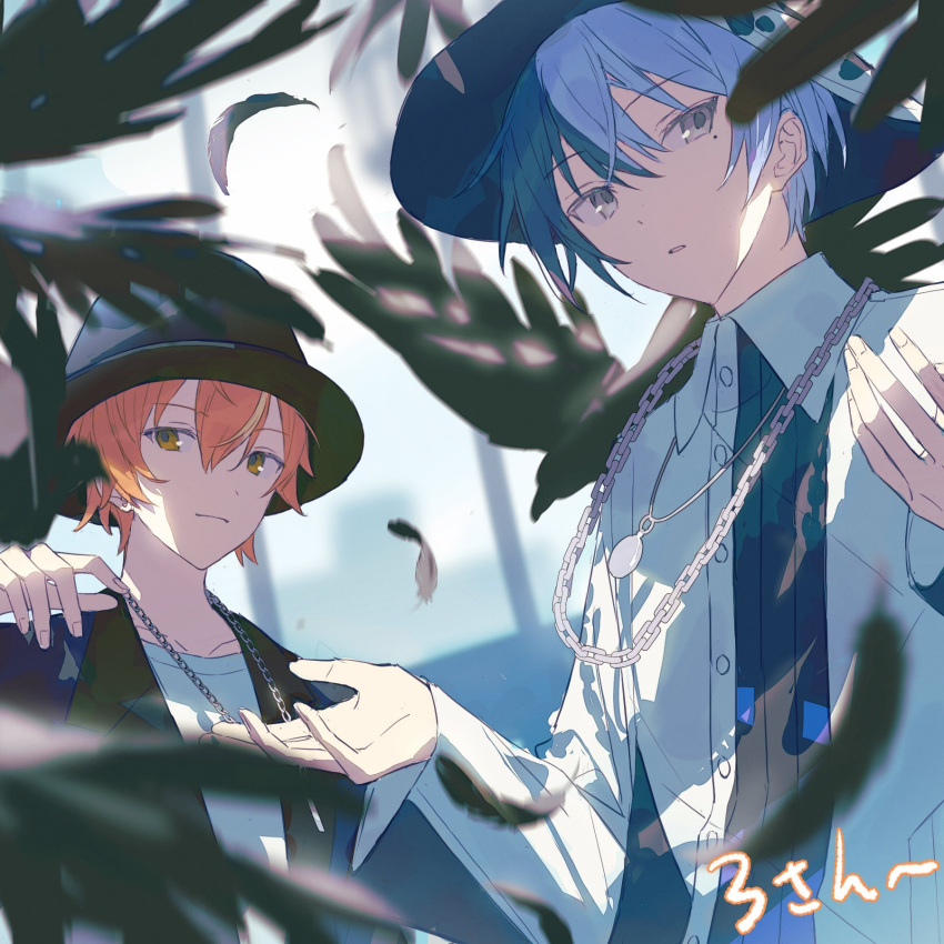 2boys, aoyagi_touya, bird, black_headwear, blonde_hair, blue_hair, blurry, blurry_background