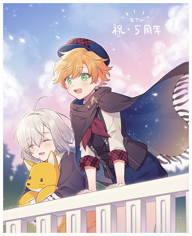 2boys, :d, ^_^, arm_support, black_cloak, black_jacket, black_vest, blue_headwear