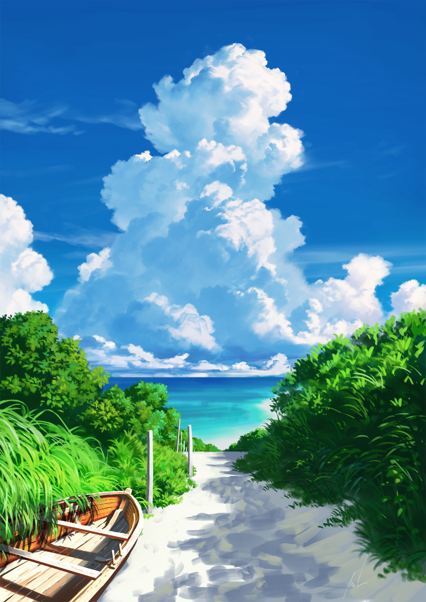 blue_sky, boat, bush, clouds, commentary_request, cumulonimbus_cloud, day, fence_post