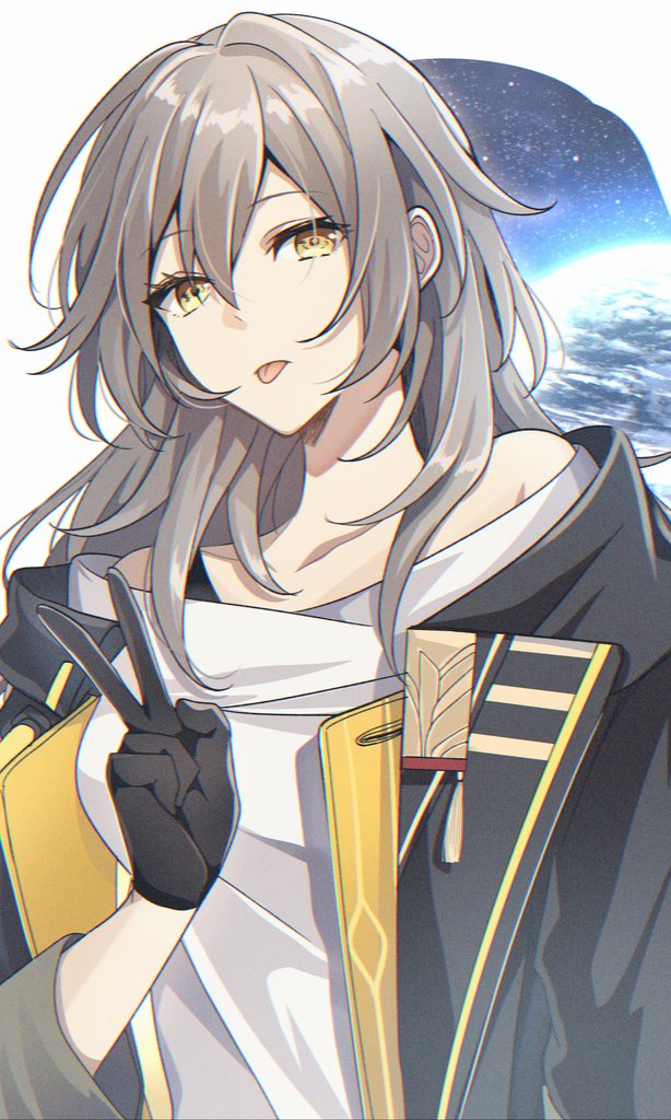 1girl, :p, black_gloves, black_jacket, bon@villa, breasts, gloves, hair_between_eyes, honkai:_star_rail, honkai_(series), jacket, light_brown_hair, long_hair, long_sleeves, looking_at_viewer, medium_breasts, off-shoulder_jacket, off-shoulder_shirt, off_shoulder, open_clothes, open_jacket, shirt, solo, stelle_(honkai:_star_rail), tongue, tongue_out, trailblazer_(honkai:_star_rail), upper_body, v, white_shirt, yellow_eyes, yellow_trim