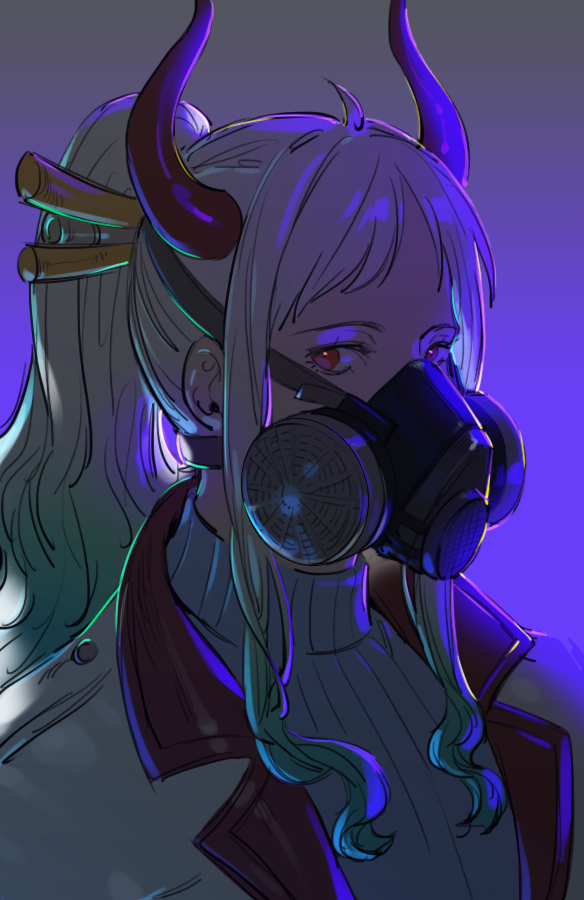 1girl, curled_horns, gas_mask, green_hair, hair_ornament, hair_stick, horns, jacket, long_hair, mask, multicolored_hair, one_piece, oni, ponytail, raine_(acke2445), red_eyes, red_horns, solo, sweater, turtleneck, turtleneck_sweater, white_hair, white_jacket, white_sweater, yamato_(one_piece)