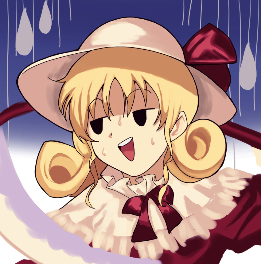 1girl, blonde_hair, capelet, commentary_request, curly_hair, dress, elly_(touhou), hat, hat_ribbon, highres, holding, holding_scythe, juliet_sleeves, long_sleeves, medium_hair, neck_ribbon, nervous_sweating, open_mouth, puffy_sleeves, red_dress, red_ribbon, ribbon, scythe, solo, sun_hat, sweat, sweatdrop, teeth, touhou, touhou_(pc-98), turtle-kun, upper_body, upper_teeth_only, white_capelet, white_headwear