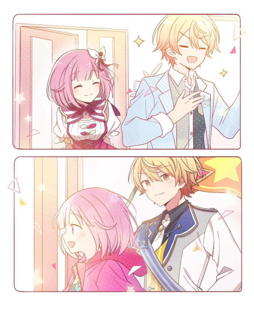 1boy, 1girl, bagel_land, blonde_hair, blunt_bangs, blush, bob_cut, closed_eyes