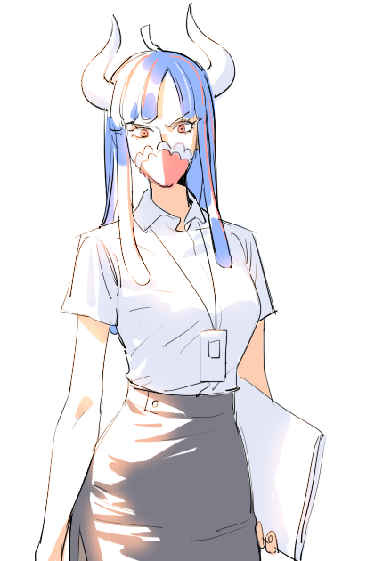 1girl, ahoge, alternate_costume, black_skirt, blue_hair, collared_shirt, covered_mouth, curled_horns