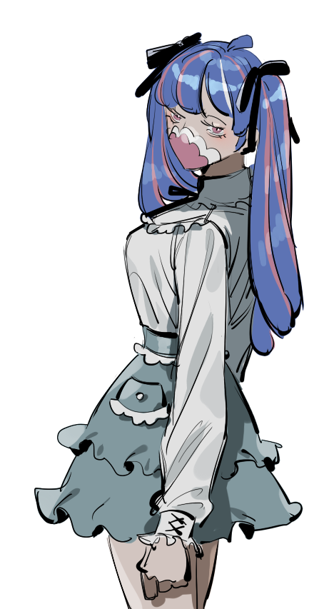 1girl, ahoge, alternate_costume, alternate_hairstyle, blue_hair, blue_skirt, covered_mouth, curled_horns