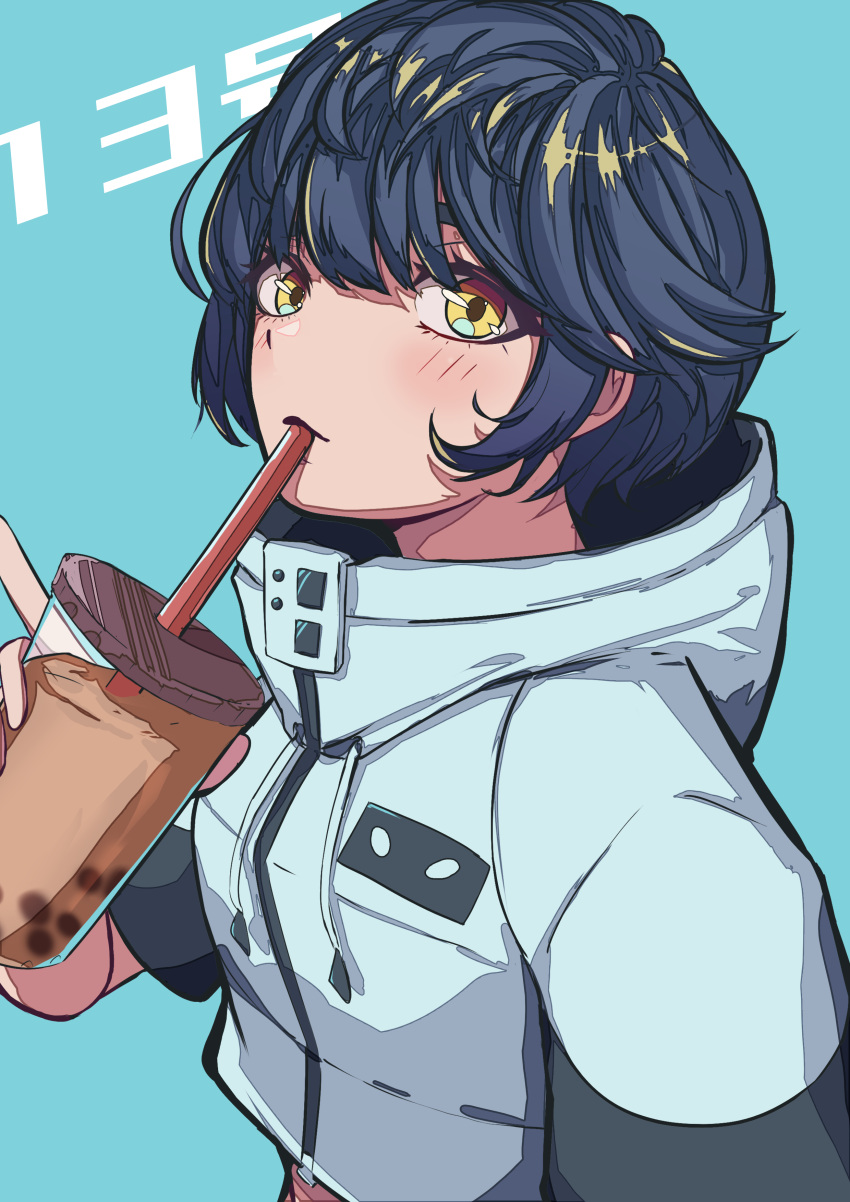 1girl, absurdres, blue_background, boku_no_hero_academia, character_name, cup, disposable_cup, drinking