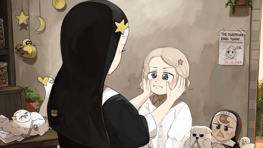 3girls, bird, brown_eyes, brown_hair, bulldog, catholic, chicken, chocolate_chip_cookie