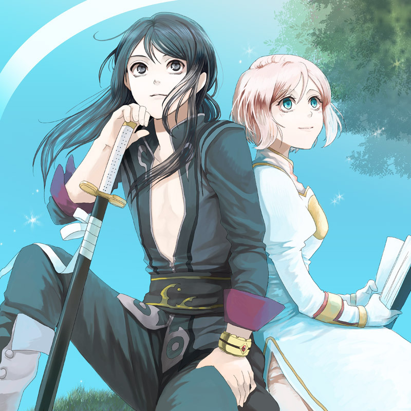 1girl, aqua_background, back-to-back, bad_id, black_hair, blue_eyes, book, bracelet, couple, estellise_sidos_heurassein, gloves, green_eyes, jewelry, katana, pink_hair, renya, sho~taro, sword, tales_of_(series), tales_of_vesperia, weapon, yuri_lowell