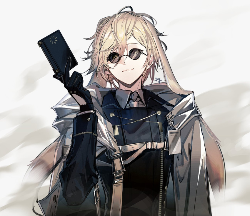 1boy, :3, animal_ears, arknights, black_gloves, black_jacket, blonde_hair, card