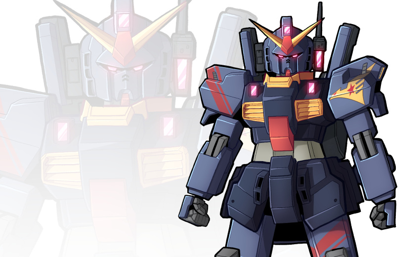 arms_at_sides, clenched_hands, commentary, cowboy_shot, english_commentary, glowing, glowing_eyes, gundam