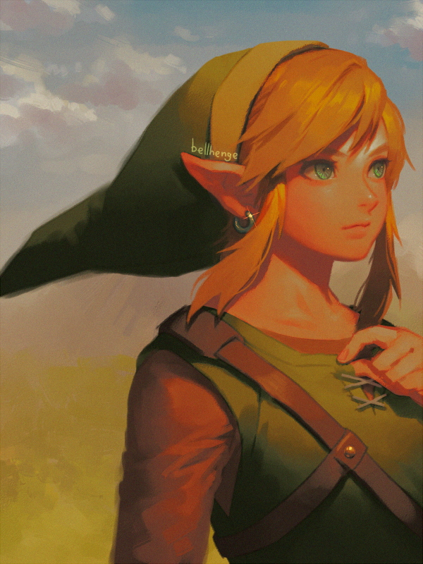 1boy, artist_name, bellhenge, blonde_hair, blue_eyes, blue_sky, brown_footwear, closed_mouth