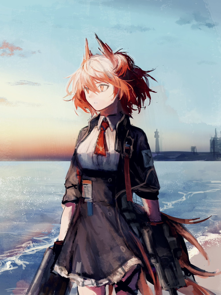 1girl, arknights, ascot, beach, black_hair, black_skirt, blue_sky, cityscape, collared_shirt, cowboy_shot, feather_hair, fiammetta_(arknights), gradient_sky, high-waist_skirt, highres, holding, holding_weapon, i_(pixiv27212731), jacket, light_frown, looking_to_the_side, ocean, open_clothes, open_jacket, orange_sky, red_ascot, red_eyes, redhead, shirt, skirt, sky, solo, tail_feathers, water, weapon, white_shirt