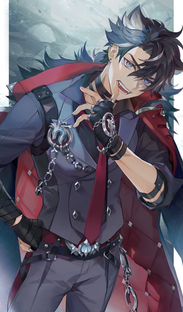 1boy, bandaged_arm, bandaged_neck, bandages, belt, black_gloves, black_hair, black_shirt