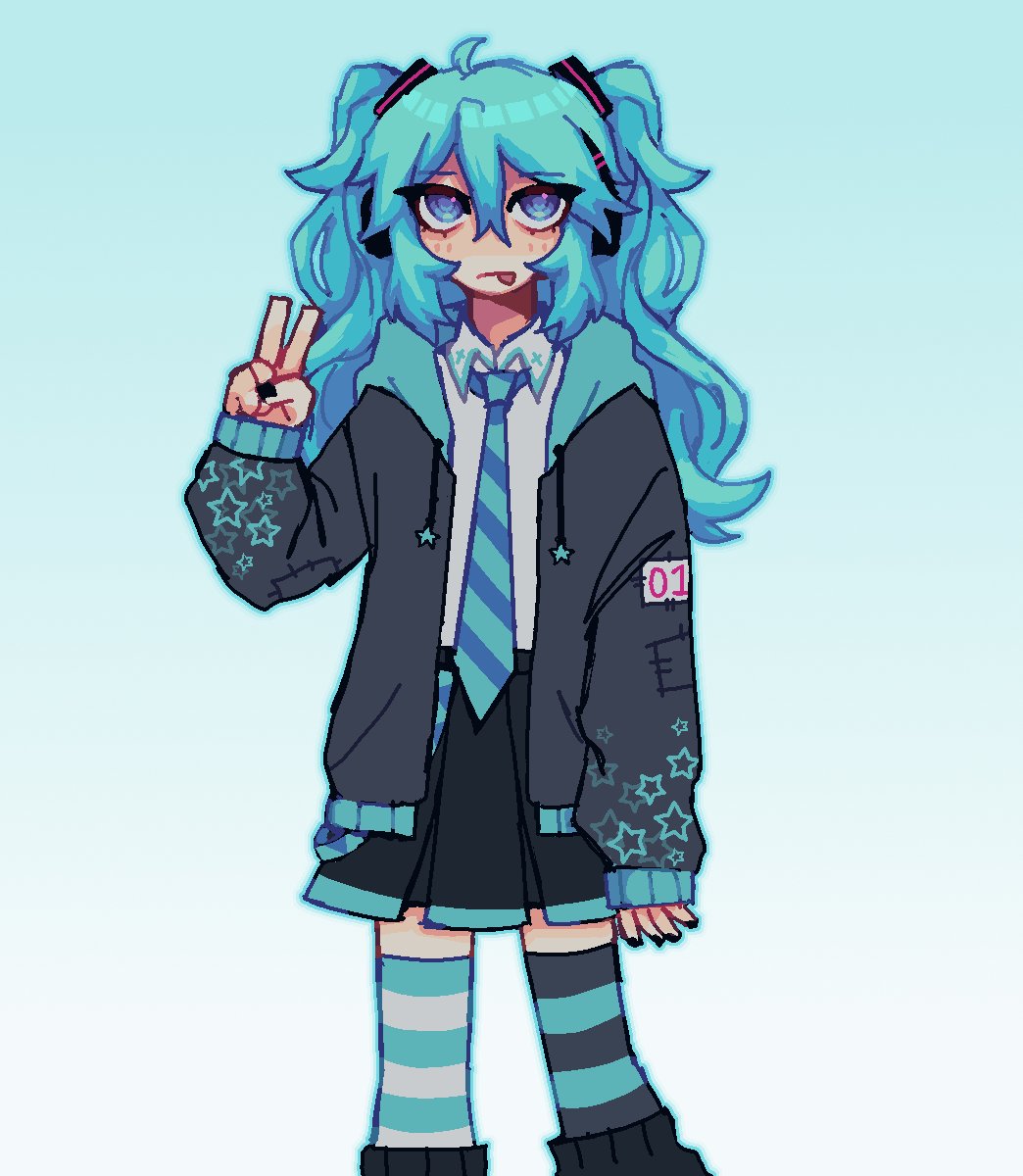 1girl, :p, ahoge, alternate_costume, aqua_eyes, aqua_hair, aqua_necktie, asymmetrical_legwear, bags_under_eyes, black_nails, black_skirt, blue_background, expressionless, feet_out_of_frame, gradient_background, grey_jacket, half-closed_eyes, hatsune_miku, headset, highres, jacket, keropluvia, looking_at_viewer, mismatched_legwear, necktie, patch, pleated_skirt, skirt, solo, standing, star_(symbol), striped, striped_necktie, striped_thighhighs, thigh-highs, tongue, tongue_out, twintails, v, vocaloid