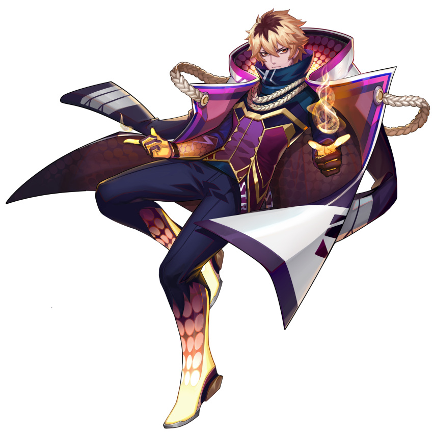 1boy, artist_request, blonde_hair, brown_hair, coat, coat_on_shoulders, full_body, gloves, gradient_pants, highres, kai_(omega_strikers), knee_up, looking_at_viewer, magic, multicolored_hair, non-web_source, official_alternate_costume, official_art, omega_strikers, pants, short_hair, solo, two-tone_hair, violet_eyes