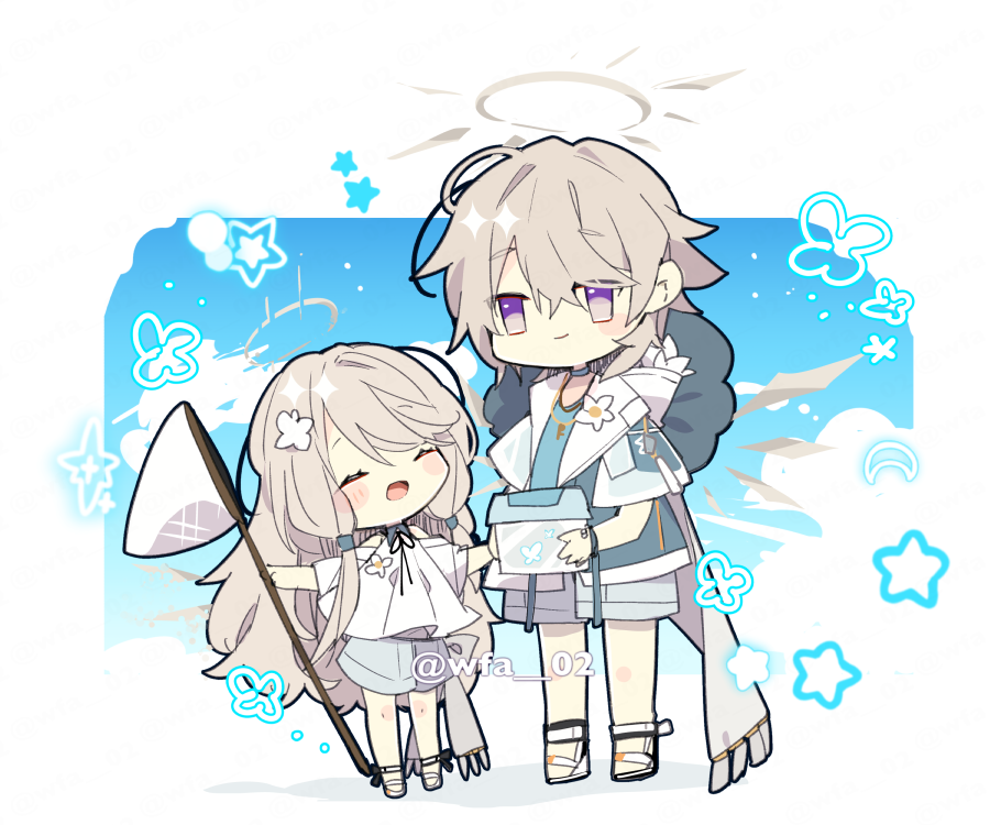 1boy, 1girl, arknights, blue_jacket, blue_shirt, blue_sky, blush, border