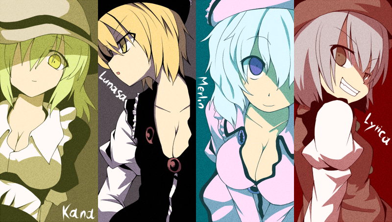 blonde_hair, blue_eyes, blue_hair, breasts, character_name, cleavage, column_lineup, grin
