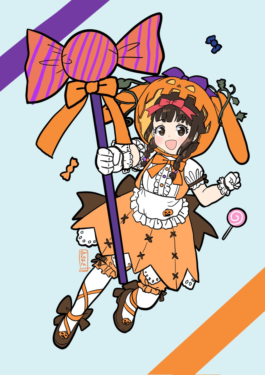 1girl, bow, braid, brown_hair, candy, fire_emblem, fire_emblem_heroes, food, halloween_costume, highres, jack-o'-lantern_head, kagura_oni, low_twin_braids, minamoto_mamori, pink_bow, solo, twin_braids