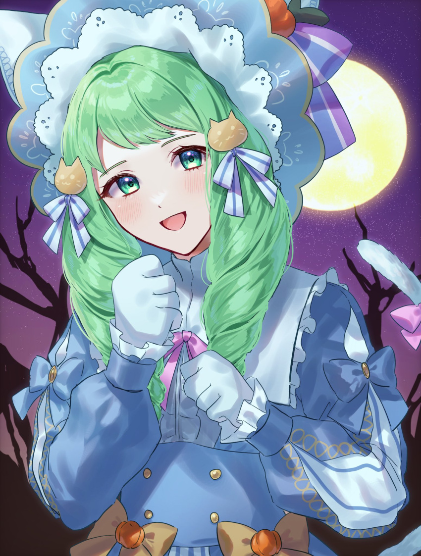 1girl, animal_ears, cat_ears, cat_girl, cat_tail, fake_animal_ears, fake_tail, fire_emblem, fire_emblem:_three_houses, fire_emblem_heroes, flayn_(fire_emblem), flayn_(halloween)_(fire_emblem), full_moon, green_eyes, green_hair, highres, moon, official_alternate_costume, solo, tail, tomo_shirasu, upper_body