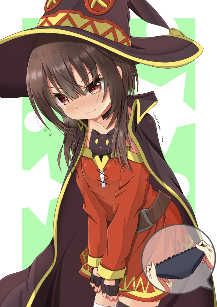 1girl, bandaged_leg, bandages, black_choker, black_cloak, black_gloves, black_hair, black_headwear, black_panties, black_thighhighs, blunt_bangs, blush, border, breasts, choker, chomusuke, cloak, closed_mouth, collarbone, commentary, covering, covering_crotch, cowboy_shot, dress, embarrassed, eyelashes, fingerless_gloves, flying_sweatdrops, frilled_panties, frills, gloves, green_background, hair_between_eyes, hat, highres, holding, holding_clothes, holding_panties, holding_underwear, kono_subarashii_sekai_ni_shukufuku_wo!, long_sleeves, looking_down, megumin, mochimugi_rice, nose_blush, panties, red_dress, red_eyes, short_dress, short_hair_with_long_locks, simple_background, small_breasts, solo, speech_bubble, standing, star_(symbol), thigh-highs, trembling, underwear, v-shaped_eyebrows, v_arms, wavy_mouth, white_border, witch_hat, zettai_ryouiki