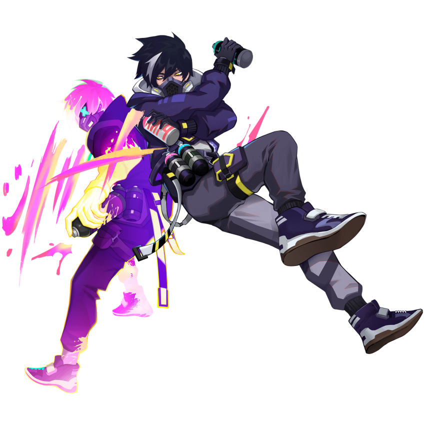 1boy, artist_request, black_hair, blue_hoodie, can, dual_persona, from_side, full_body, glowing, graffiti, grey_pants, highres, holding, holding_can, hood, hoodie, knee_up, long_sleeves, mask, mouth_mask, multicolored_hair, non-web_source, official_alternate_costume, official_art, omega_strikers, pants, rune_(omega_strikers), shoes, sneakers, solo, spray_can, spray_paint, two-tone_hair, white_hair, yellow_eyes