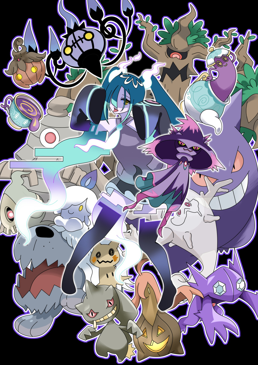 1girl, absurdres, banette, black_thighhighs, chandelure, commentary_request, cursola, detached_sleeves, dusclops, duskull, eyelashes, gengar, ghost_miku_(project_voltage), gourgeist, greavard, green_hair, hatsune_miku, highres, litwick, long_hair, looking_at_viewer, mesh_kuroto, mimikyu, mismagius, necktie, open_mouth, outline, pokemon, pokemon_(creature), polteageist, project_voltage, pumpkaboo, sableye, shirt, sinistea, skirt, sleeveless, sleeveless_shirt, thigh-highs, tongue, tongue_out, trevenant, twintails, vocaloid, white_necktie, yellow_eyes