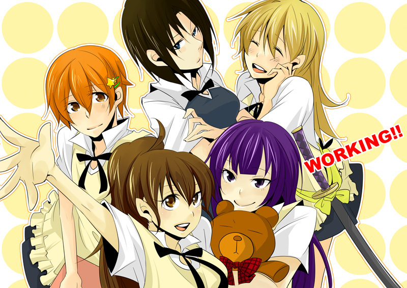 asakiti, inami_mahiru, katana, multiple_girls, shirafuji_kyouko, sword, taneshima_popura, todoroki_yachiyo, waitress, weapon, working!!, yamada_aoi