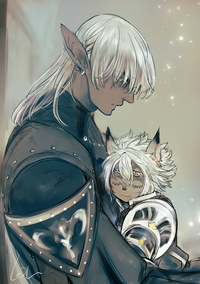 1boy, 1girl, adventurer_(ff11), animal_ears, armor, cat_ears, cat_girl, circlet