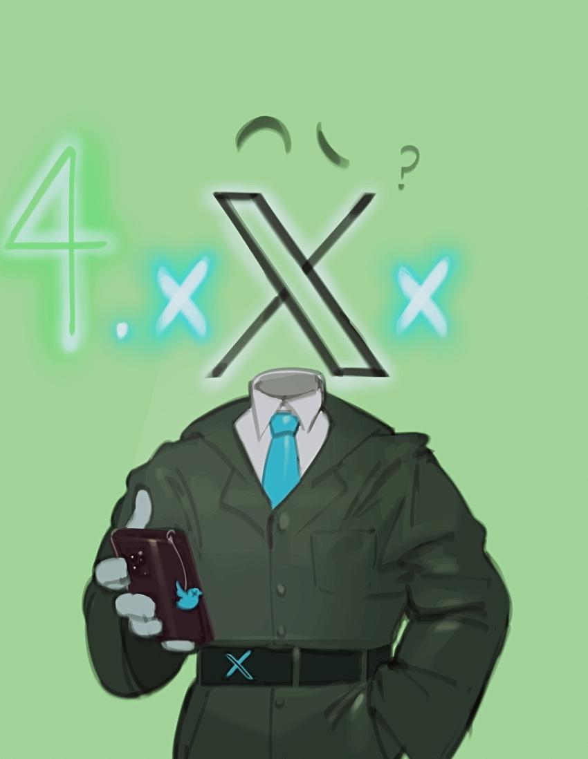 1boy, 1kogito1, ?, absurdres, belt, coat, cowboy_shot, highres, holding, holding_phone, male_focus, necktie, object_head, personification, phone, raised_eyebrow, solo, twitter, twitter_logo, twitter_x_logo, upper_body, x, x_(1kogito1), x_x