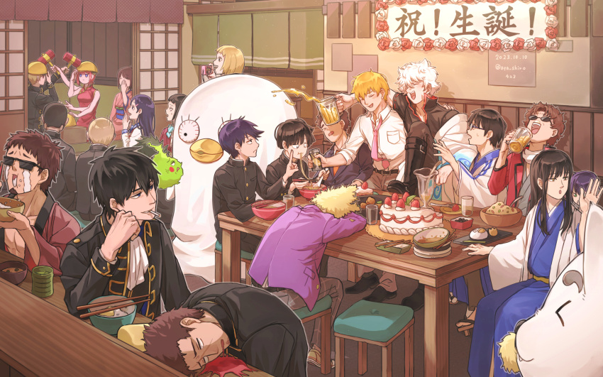 6+boys, 6+girls, alcohol, artist_name, aya_shiro423, beard, beer, belt