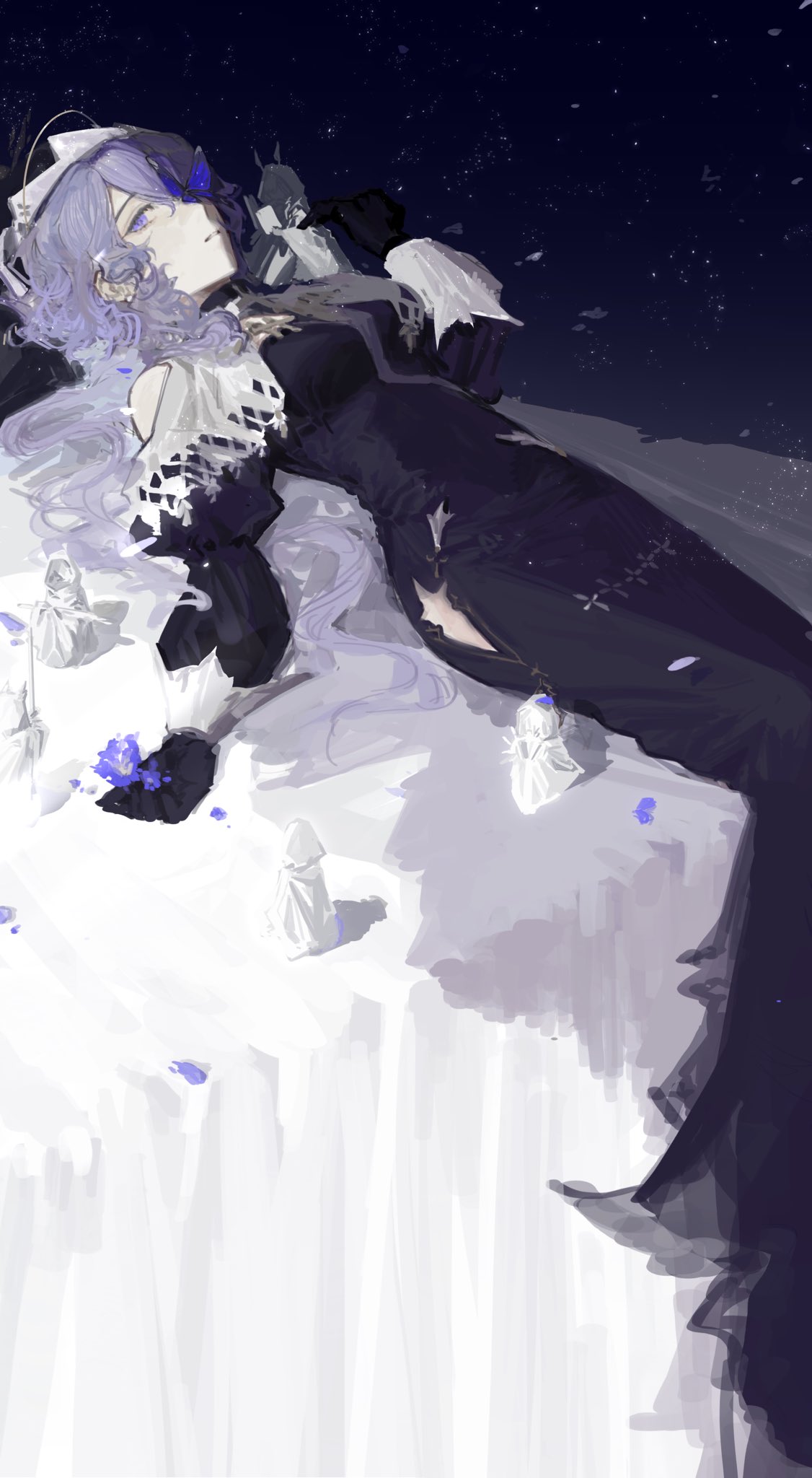 1girl, arknights, black_dress, blue_butterfly, bug, butterfly, chinese_commentary, clothing_cutout, commentary_request, dress, full_body, headdress, highres, hip_vent, long_hair, long_sleeves, lying, mesol71326070, mini_person, official_alternate_costume, on_back, painterly, petals, purple_hair, shoulder_cutout, solo, table, tablecloth, whisperain_(arknights), whisperain_(priory_of_abyss)_(arknights)