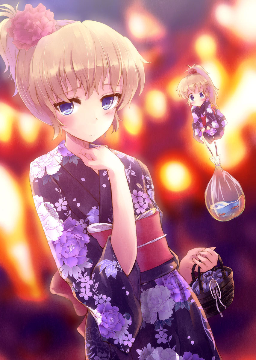 alice_margatroid, alternate_hairstyle, bag, bagged_fish, blonde_hair, blue_eyes, blurry, bokeh
