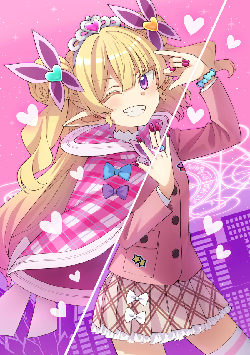 1girl, \m/, absurdres, aida_elulu, arm_up, blonde_hair, commentary_request, frilled_skirt