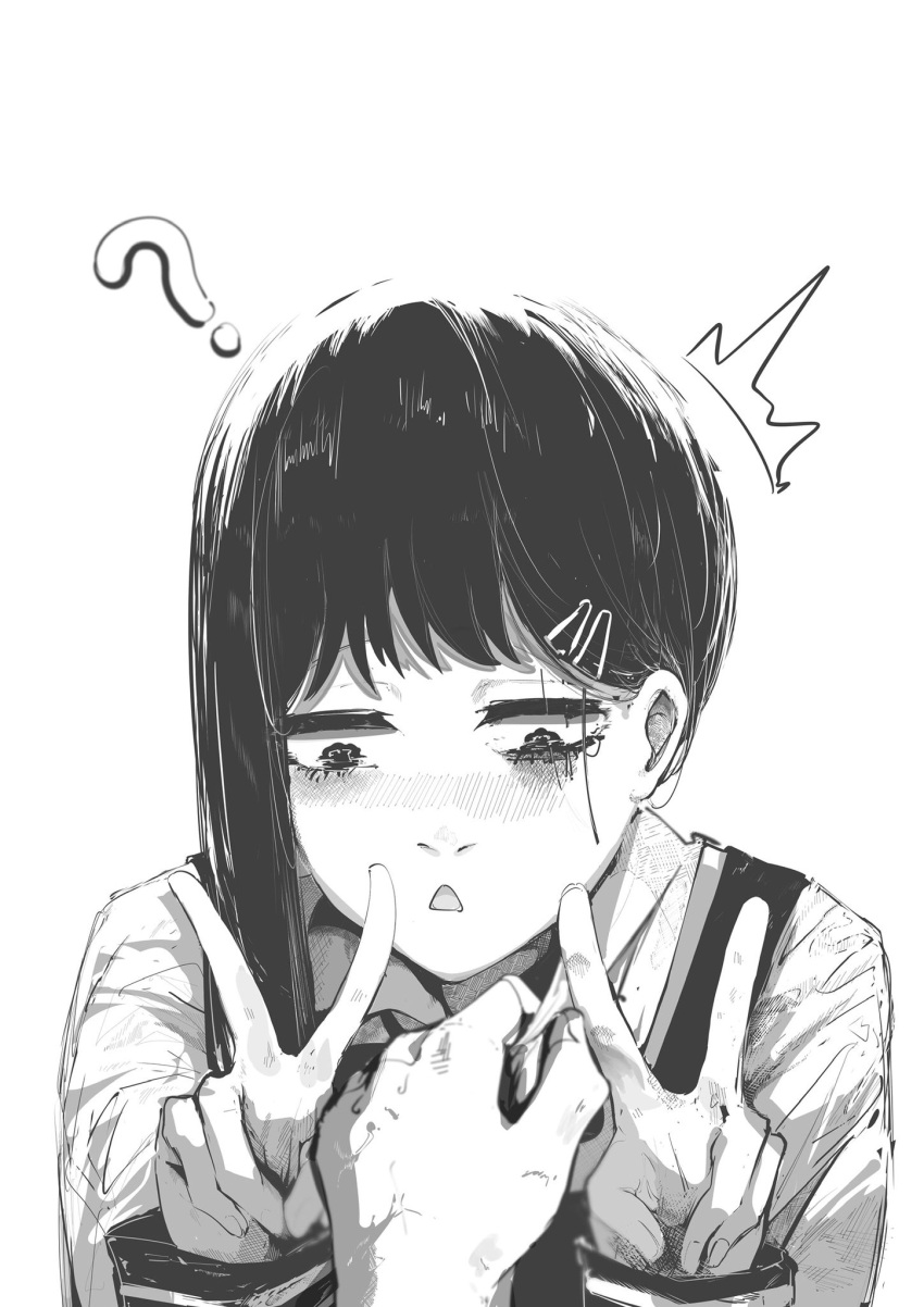 1boy, 1girl, ?, asamineru, blush, bow, chainsaw_man, collared_shirt, commentary_request, double_v, dress, greyscale, higashiyama_kobeni, highres, monochrome, nose_blush, shirt, single_sidelock, tearing_up, unbuttoning, v