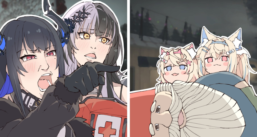 4girls, :3, angry, animal_ear_fluff, animal_ears, black_gloves, black_hair, blonde_hair, blue_eyes, blue_hair, blush, blush_stickers, demon_horns, dog_ears, dog_girl, first_aid_kit, fuwawa_abyssgard, garden_gnome, gloves, grey_hair, hair_between_eyes, hair_intakes, hair_ornament, hairclip, highres, hololive, hololive_english, horns, kukie-nyan, left_4_dead, long_hair, meme, mococo_abyssgard, multicolored_hair, multiple_girls, nerissa_ravencroft, open_mouth, pink_eyes, pink_hair, pointing, red_eyes, shiori_novella, short_hair, sidelocks, spaghetti_strap, streaked_hair, two-tone_hair, upper_body, woman_yelling_at_cat_(meme), yellow_eyes