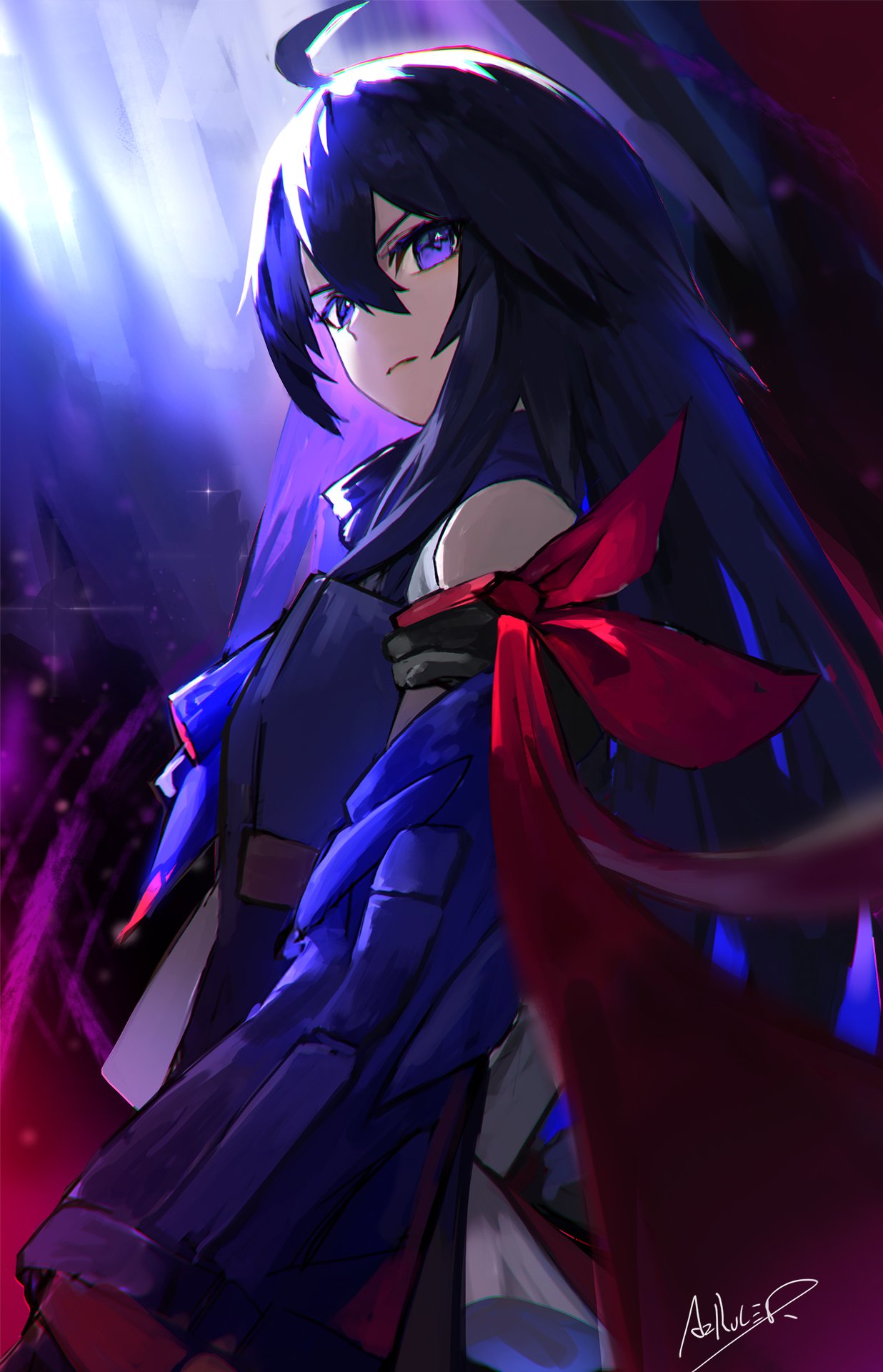 1girl, ahoge, armband, az'ruler, bare_shoulders, blue_eyes, blue_hair, closed_mouth